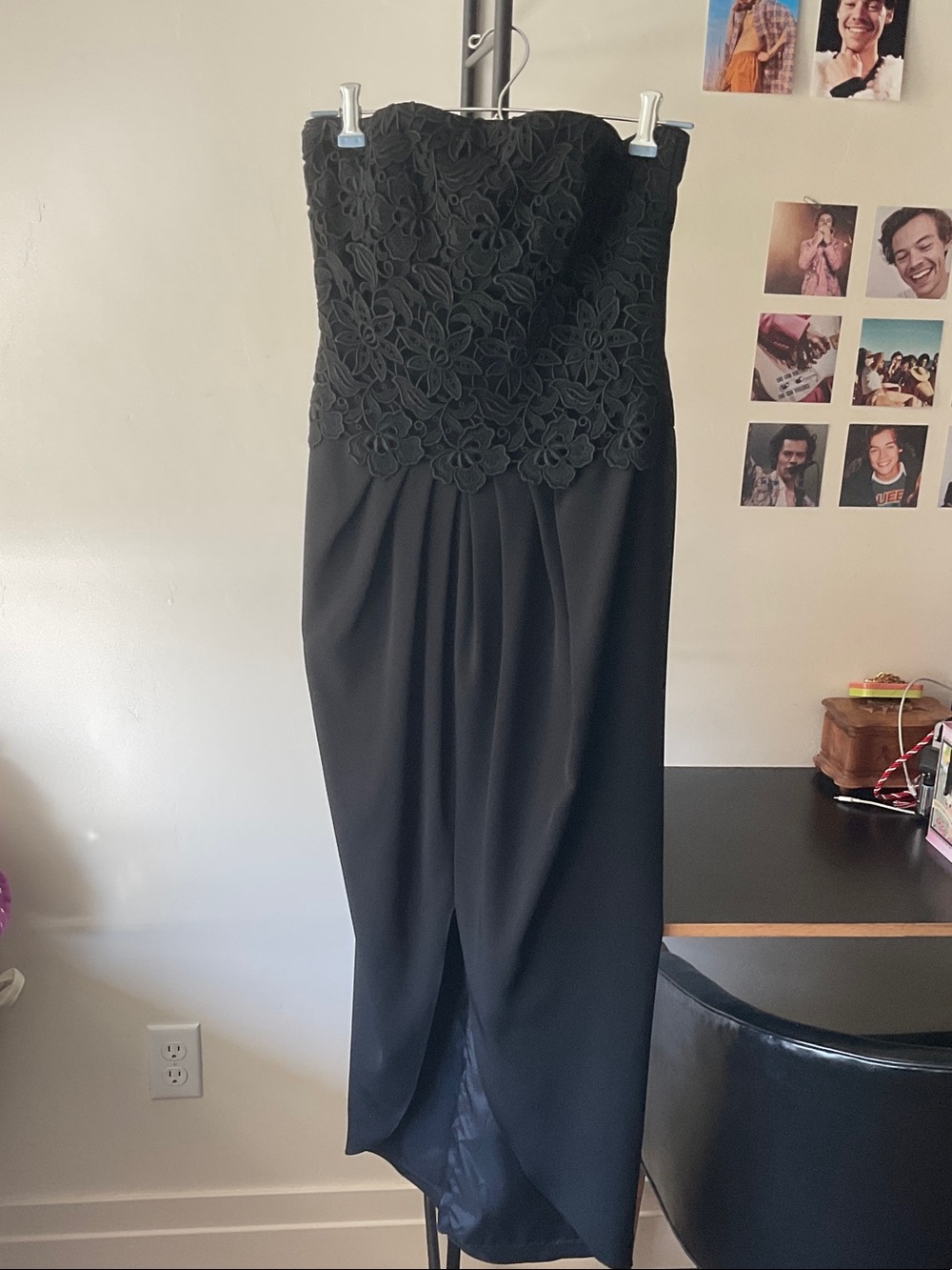 Strapless Black Lace Bodice Midi Dress